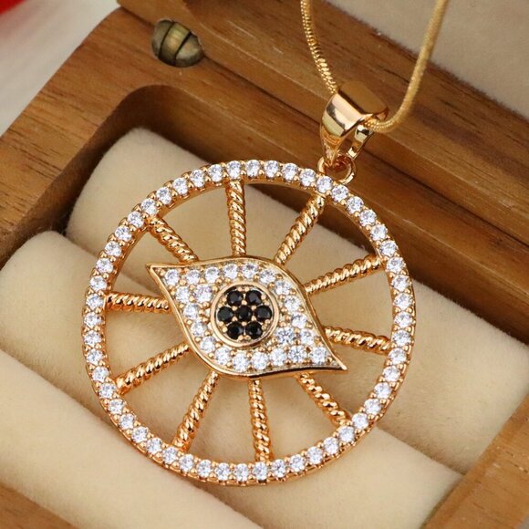 "Sparkling Rose Gold Evil Eye Round Pendant, XPPT1315 - Picture 1 of 12